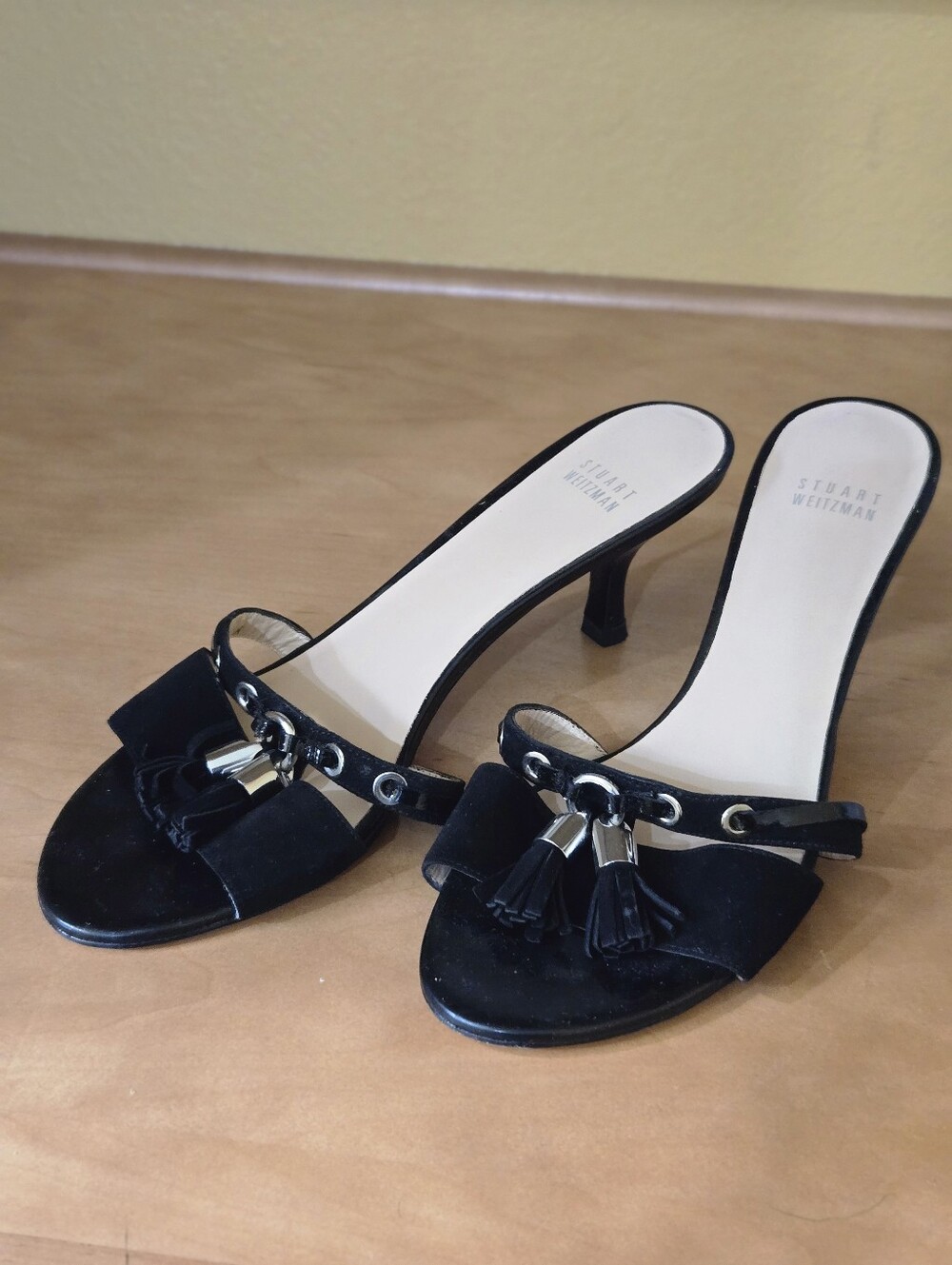 Stuart Weitzman Black Suede Tassel Kitten Heels
